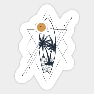 Island With Palms In Surfboard Shape. Geometric, Line Art Style Sticker